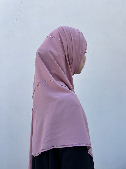Rose Pink Chiffon Rhinestone Hijabs